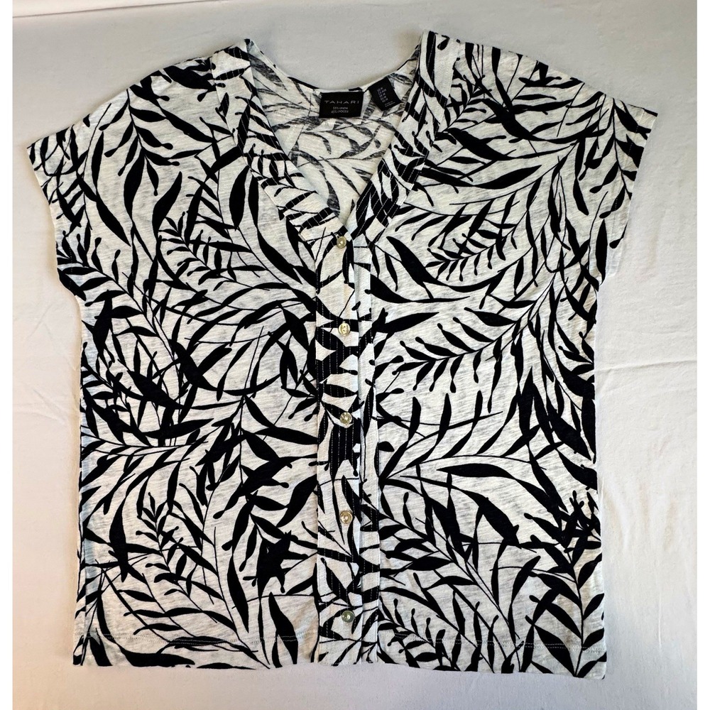 Tahari Women's Black White Leaf Print V-Neck Button Front Blouse, Size M